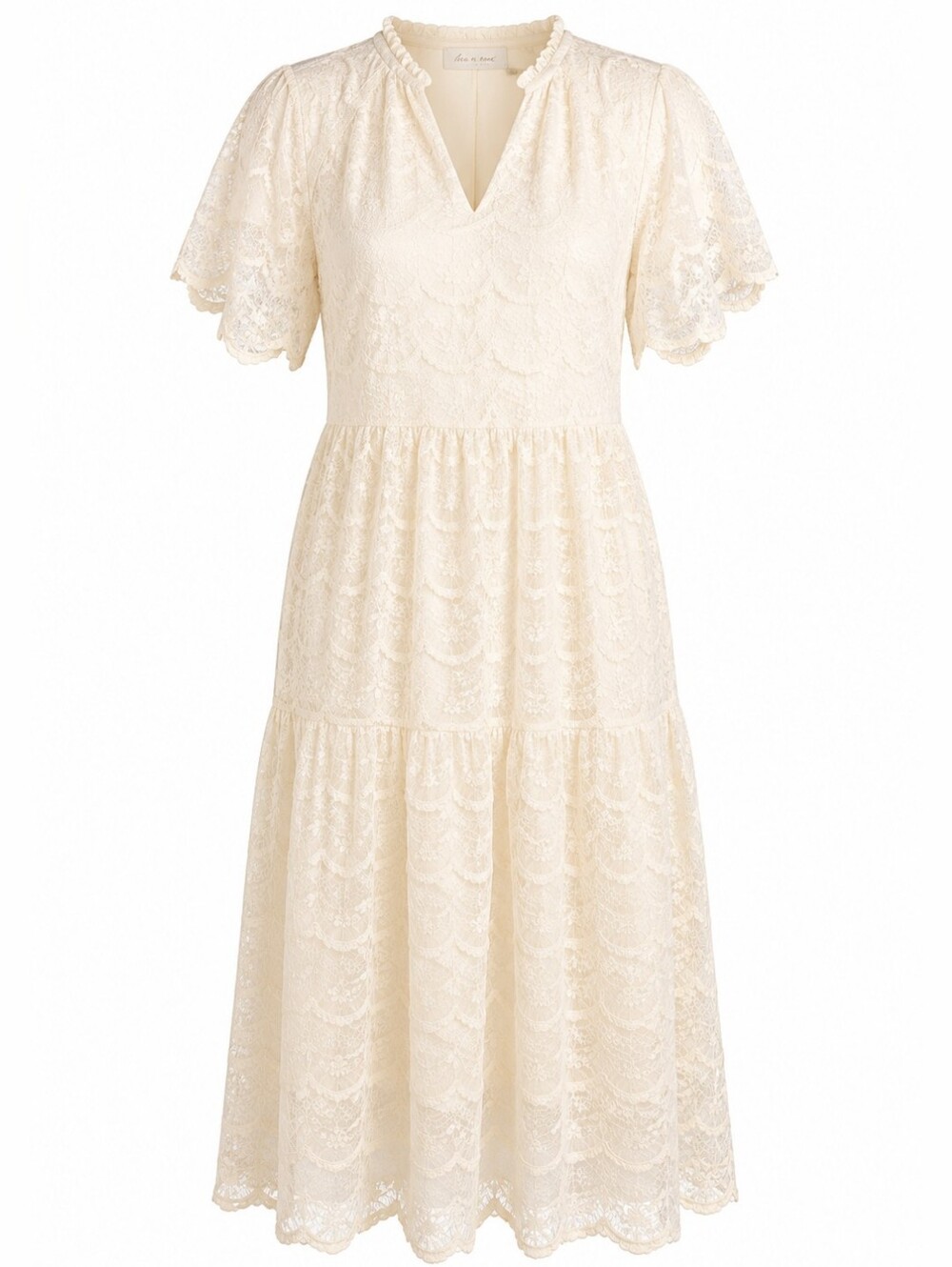 Tea n Rose The Fin Lace Midi Dress Cream Tiered Flutter Sleeve M